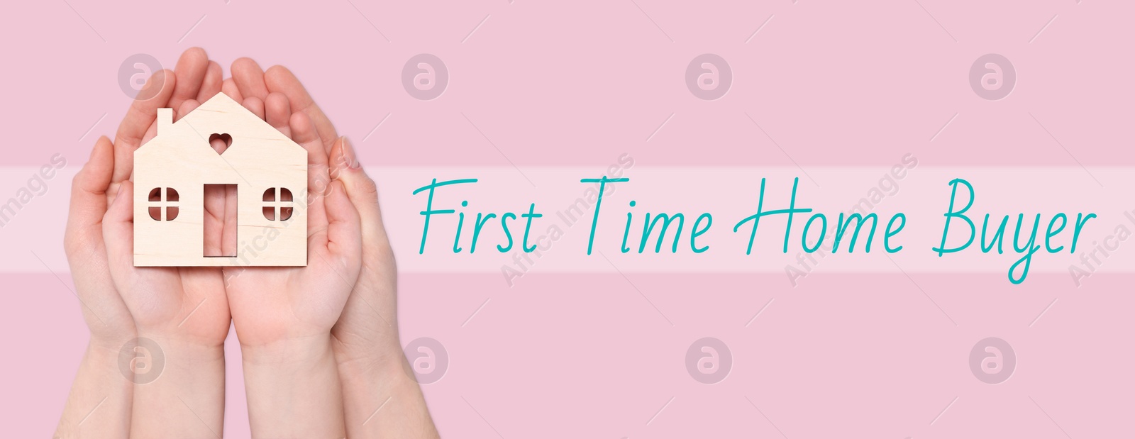 Image of First time home buyer. Woman with her child holding house figure on pink background, top view. Banner design