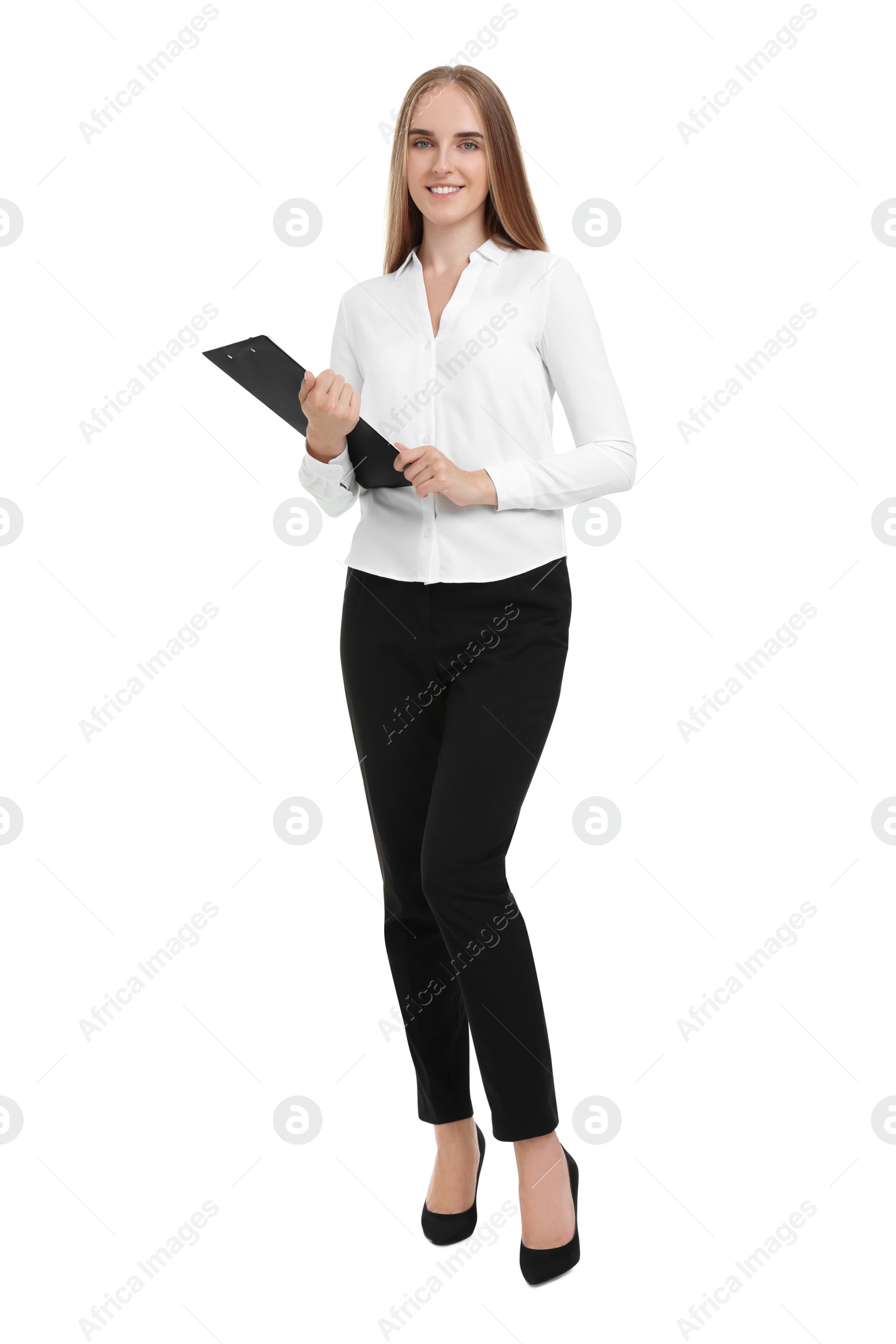 Photo of Happy young secretary with clipboard on white background