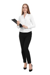Photo of Happy young secretary with clipboard on white background