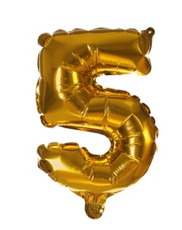 Photo of Golden number five balloon on white background