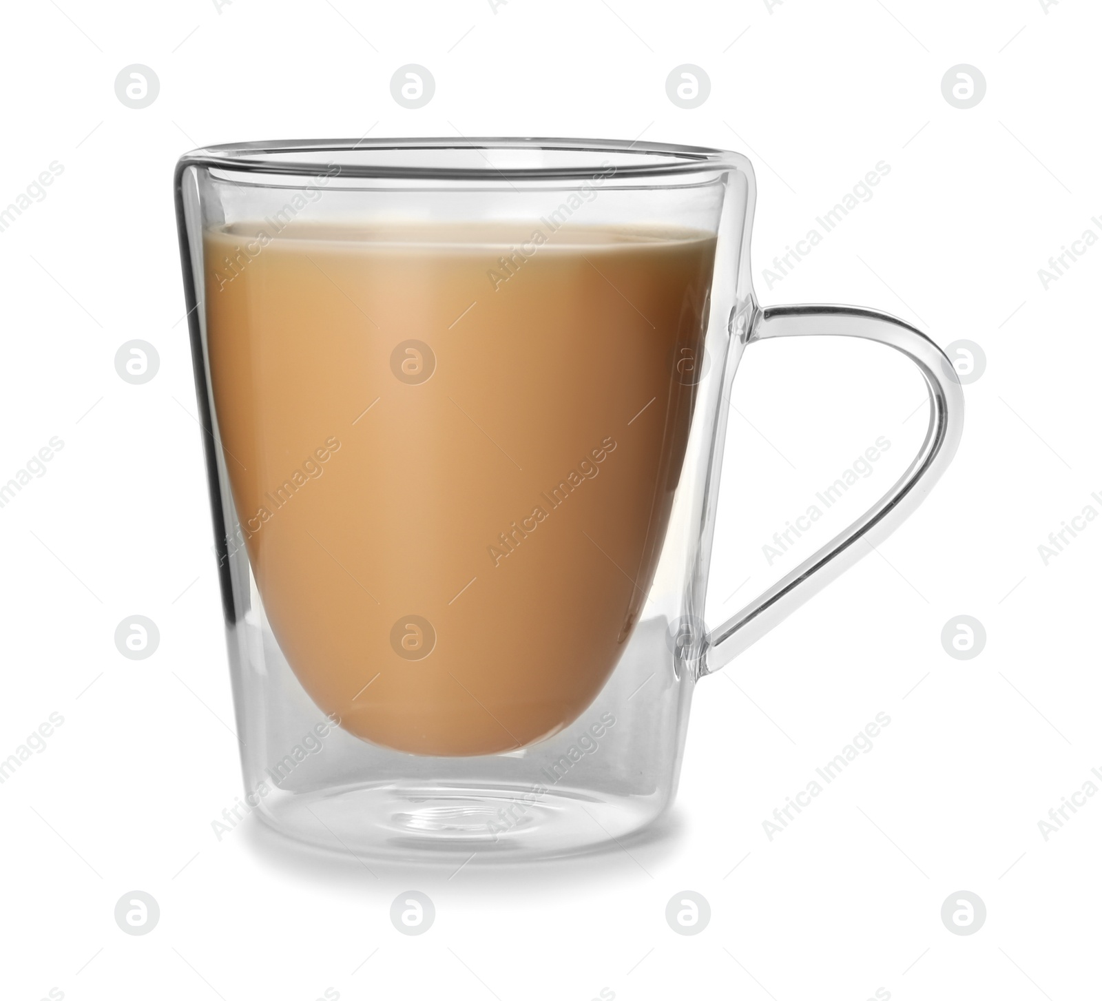 Photo of Glass cup with black tea and milk on white background