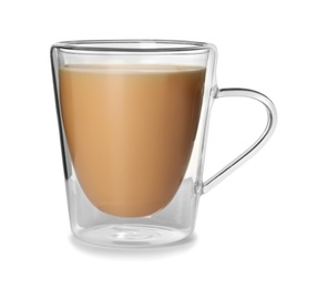 Glass cup with black tea and milk on white background