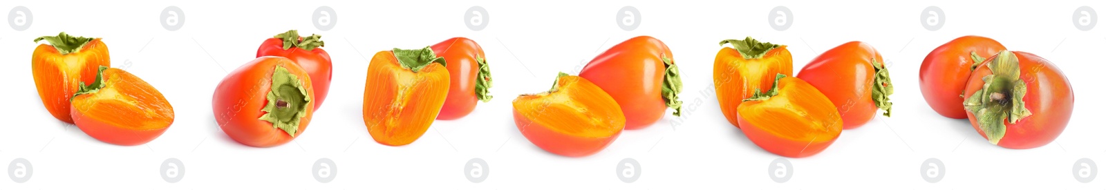 Image of Set of delicious fresh ripe persimmons on white background. Banner design