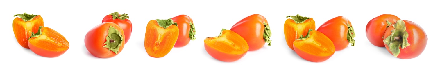 Image of Set of delicious fresh ripe persimmons on white background. Banner design