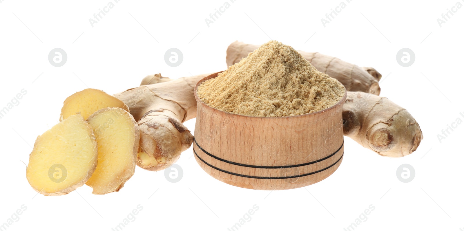 Photo of Dry ginger powder and fresh root isolated on white