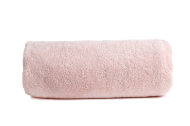 Photo of Rolled soft terry towel on white background