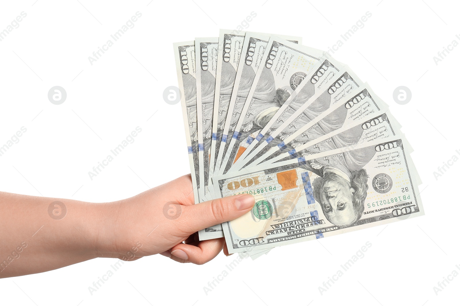 Photo of Money exchange. Woman holding dollar banknotes on white background, closeup