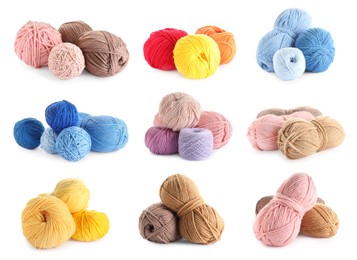 Image of Set with different woolen yarns on white background 