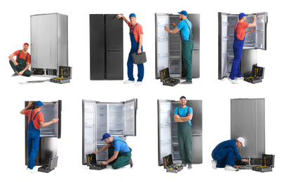 Collage of technical workers near refrigerators on white background