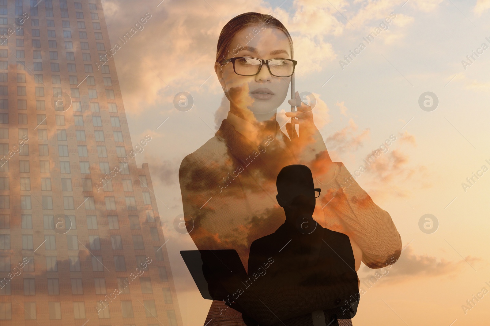 Image of Multiple exposure of businesspeople, cloudy sky and building. Leadership concept