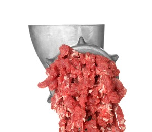 Photo of Metal meat grinder with minced beef isolated on white