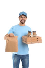 Photo of Young courier with different containers on white background. Food delivery service