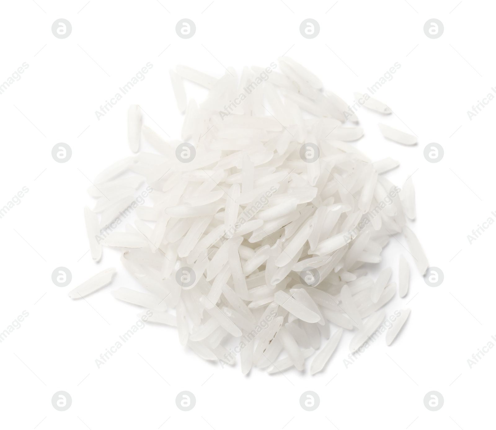 Photo of Pile of raw basmati rice isolated on white, top view