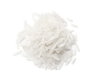 Photo of Pile of raw basmati rice isolated on white, top view