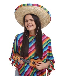 Young woman in Mexican sombrero hat and poncho playing ukulele on white background