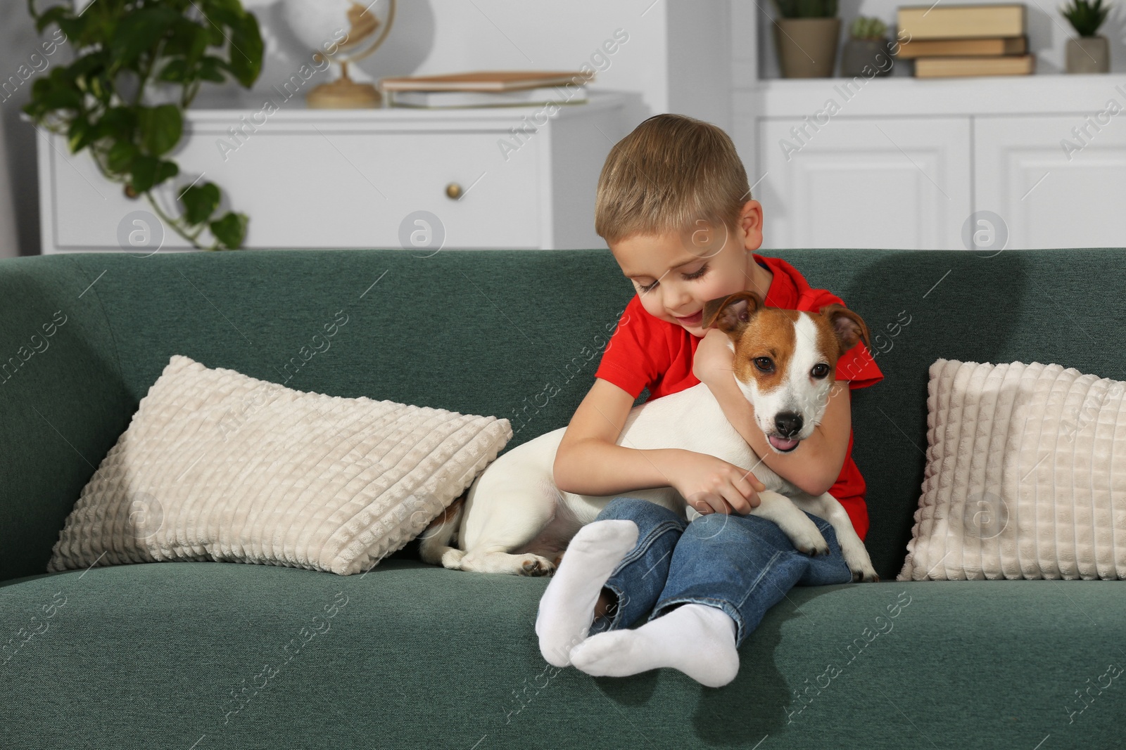 Photo of Little boy with his cute dog on sofa at home, space for text. Adorable pet