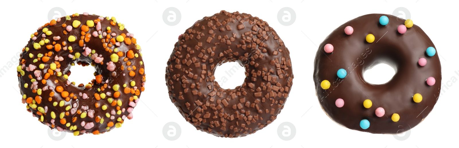 Image of Set with delicious chocolate donuts on white background. Banner design