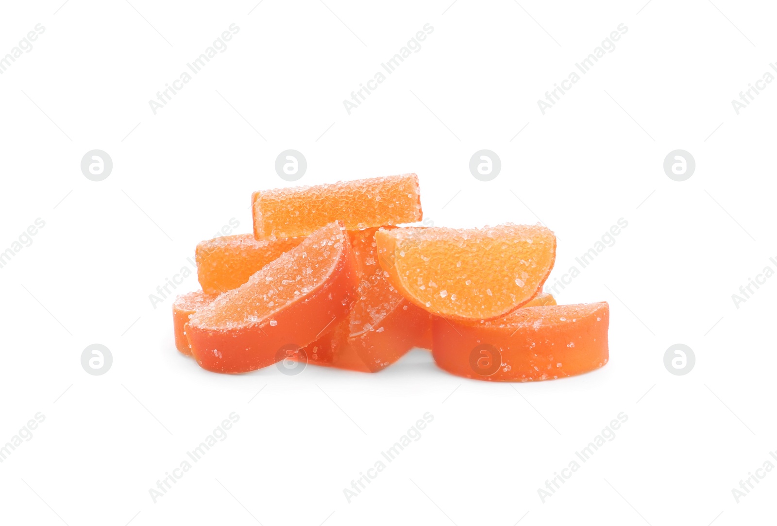 Photo of Sweet orange jelly candies on white background