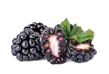 Photo of Tasty ripe blackberries and leaf on white background