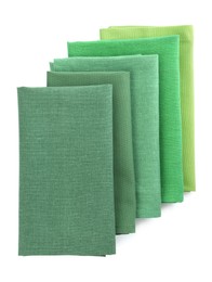 Many fabric napkins for table setting on white background, top view