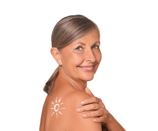 Photo of Beautiful senior woman with sun protection cream on her back isolated on white