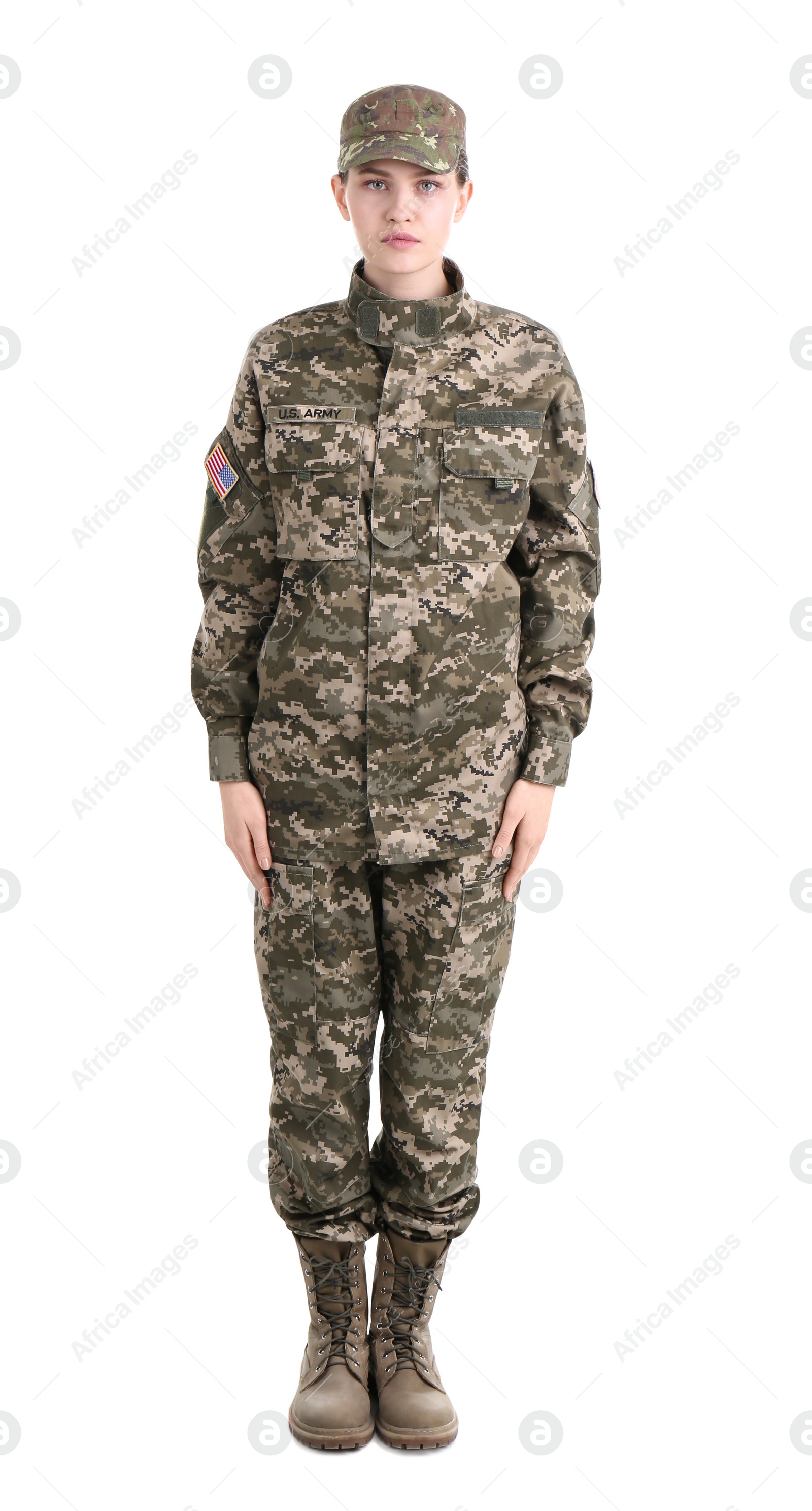 Photo of Female soldier on white background. Military service