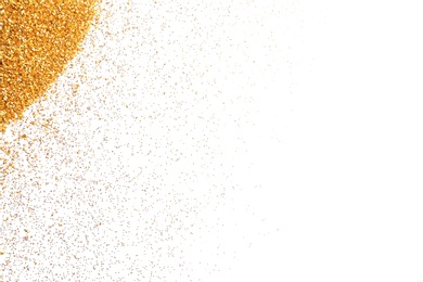 Golden glitter on white background, top view