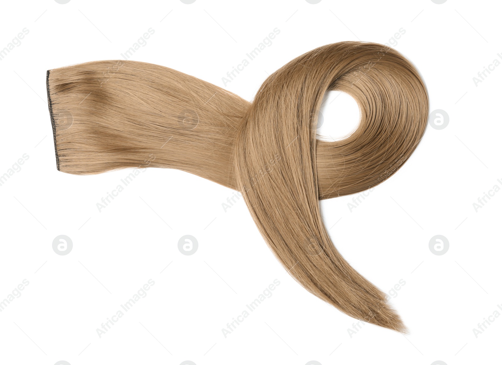 Photo of Lock of light brown straight hair on white background, top view