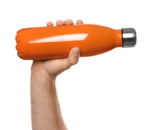 Photo of Man holding orange thermos bottle on white background, closeup