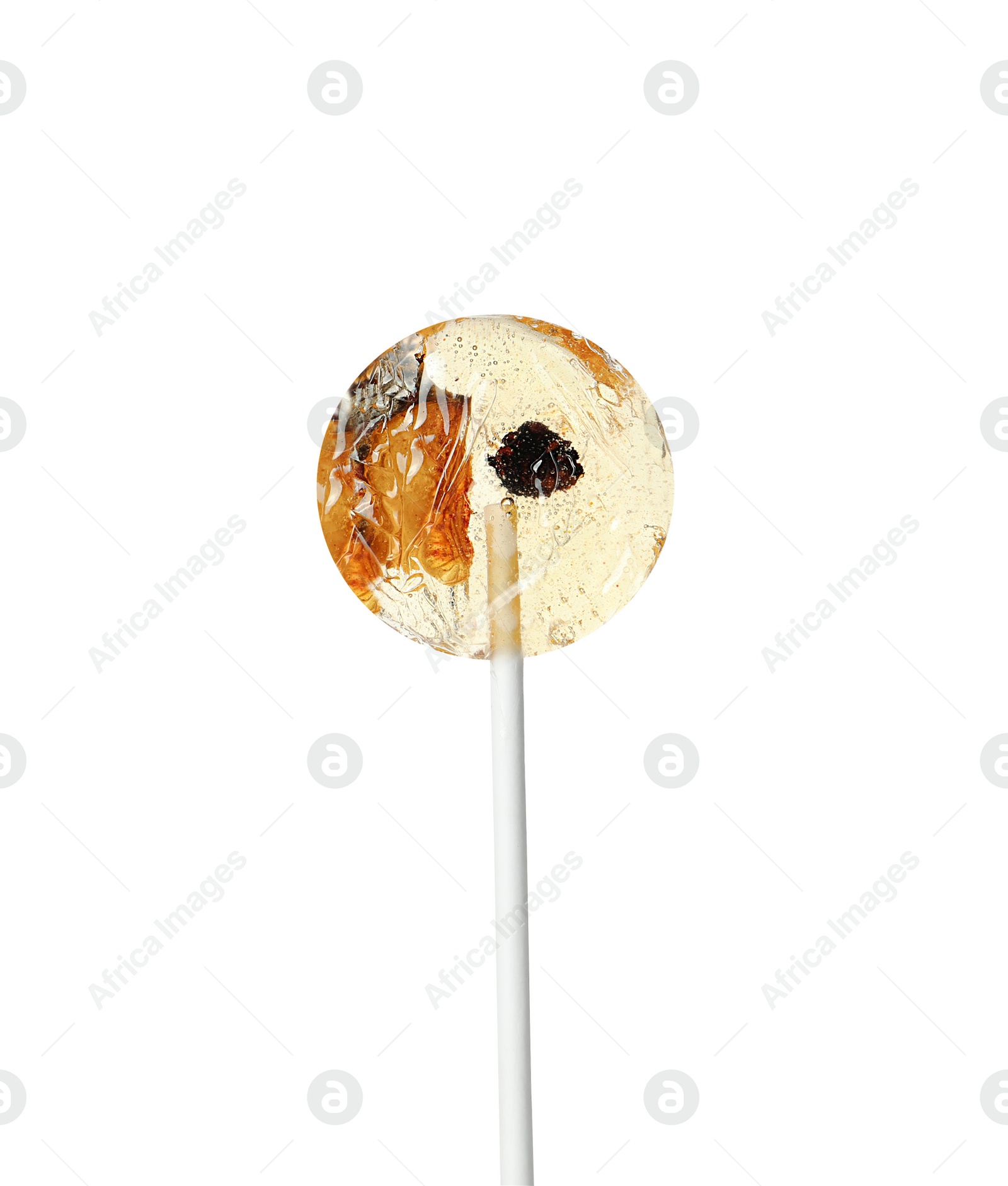 Photo of Sweet colorful lollipop with berries isolated on white