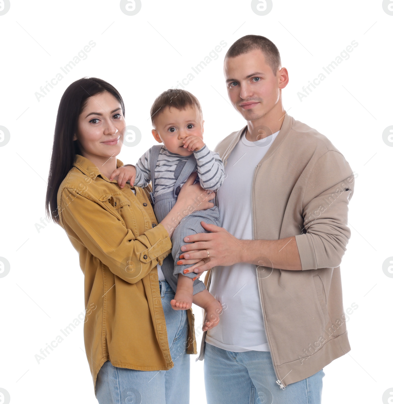 Photo of Portrait of happy family with little child on white background