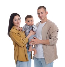 Photo of Portrait of happy family with little child on white background