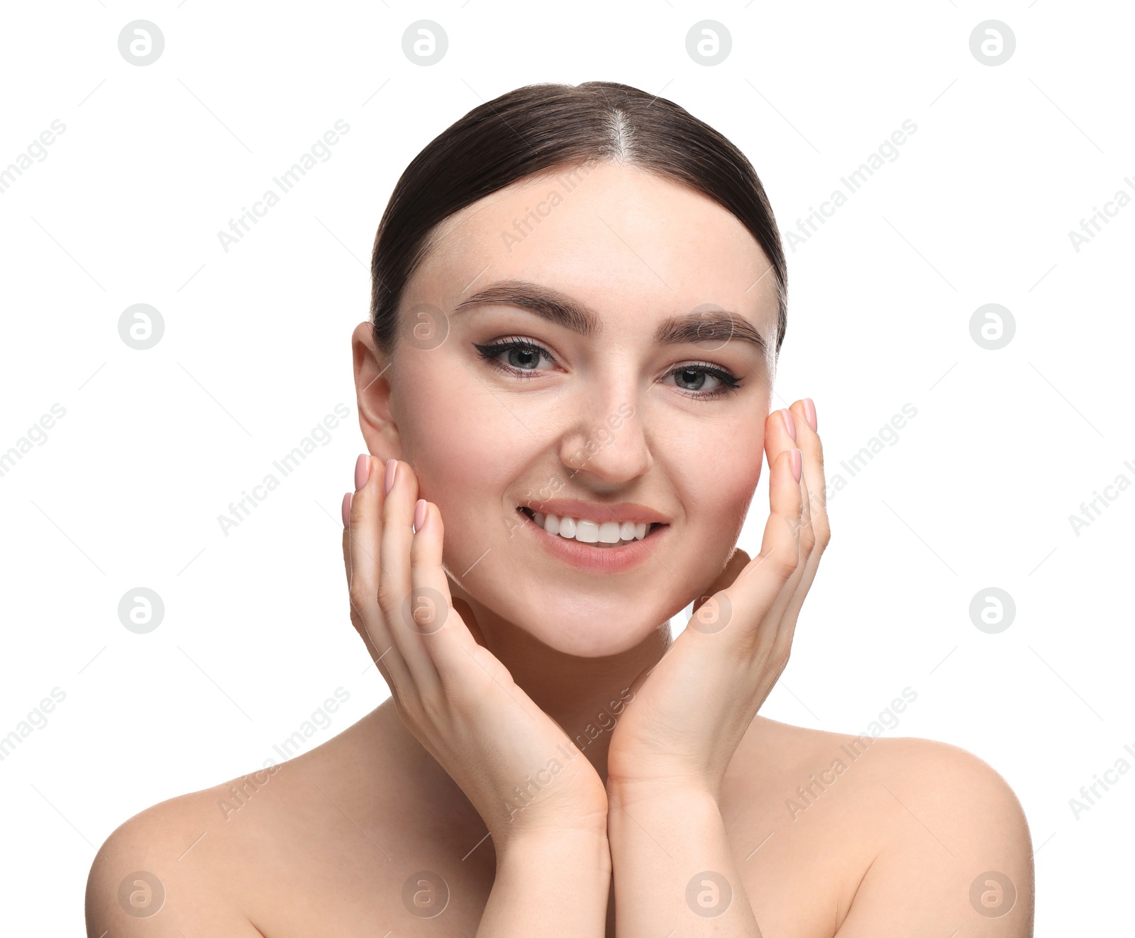 Photo of Makeup product. Woman with black eyeliner and beautiful eyebrows on white background