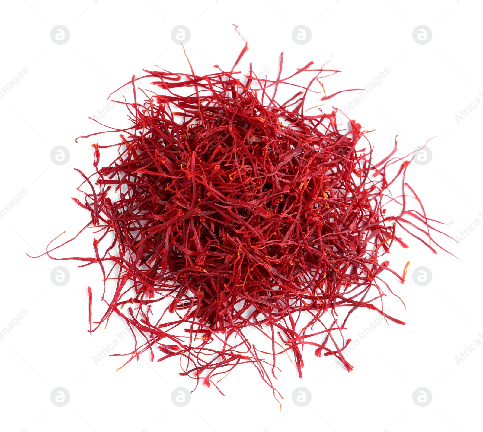 Photo of Pile of dried saffron isolated on white, top view