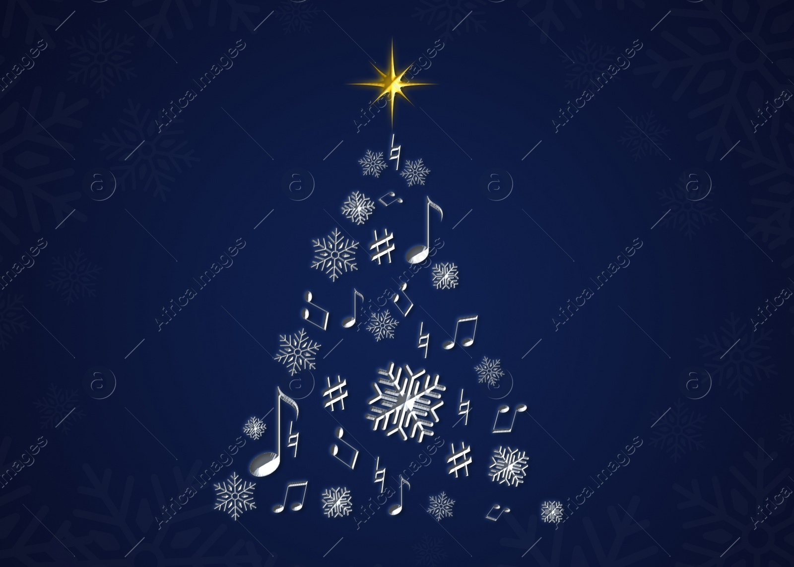 Illustration of Christmas tree shape made of music notes and snowflakes on blue background. Illustration design