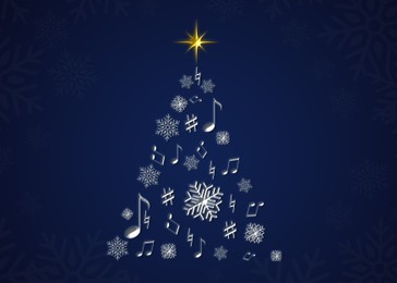 Christmas tree shape made of music notes and snowflakes on blue background. Illustration design