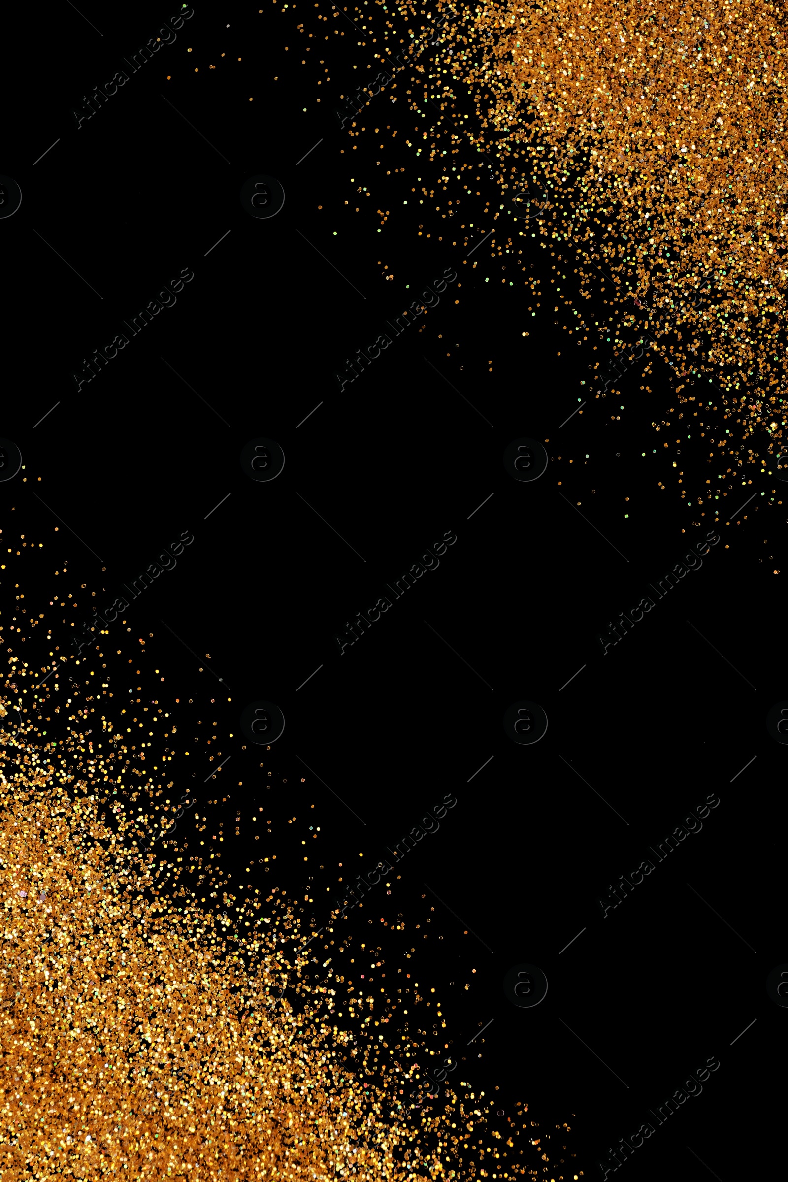 Photo of Frame made of gold glitter on black background, top view with space for text