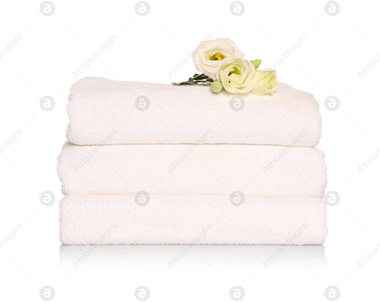 Photo of Folded soft terry towels with beautiful flowers on white background