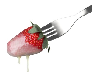 Strawberry with chocolate on fondue fork against white background