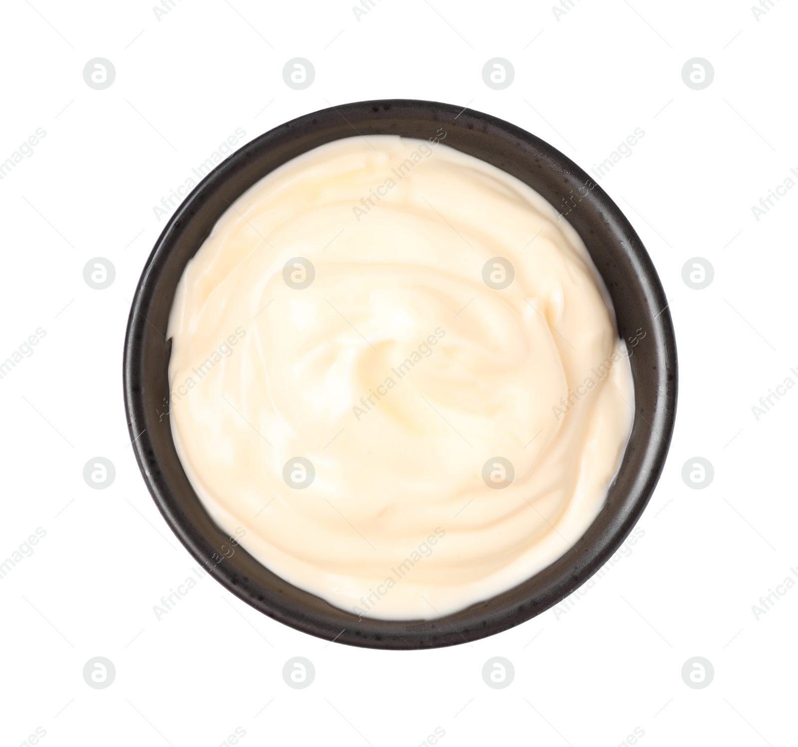 Photo of Tasty mayonnaise in bowl isolated on white, top view