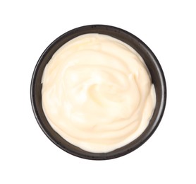 Tasty mayonnaise in bowl isolated on white, top view