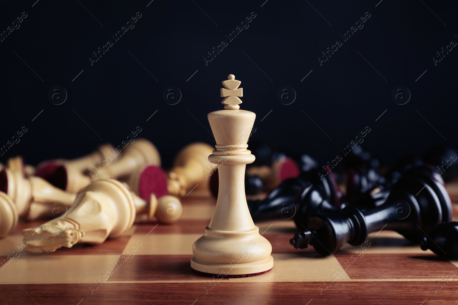 Photo of White king among fallen chess pieces on chessboard against black background, closeup. Competition concept