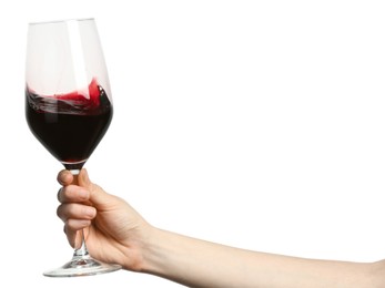 Woman with glass of wine isolated on white, closeup