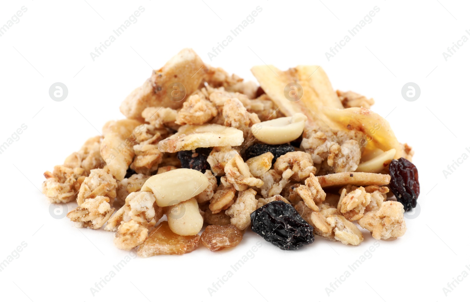 Image of Heap of tasty crispy granola on white background