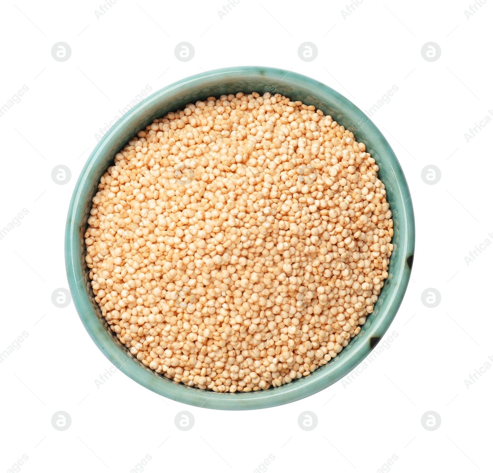 Photo of Raw quinoa in bowl isolated on white, top view