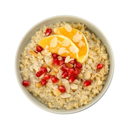 Photo of Bowl of quinoa porridge with nuts, orange and pomegranate seeds on white background, top view