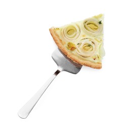 Piece of tasty leek pie with cake server isolated on white, top view