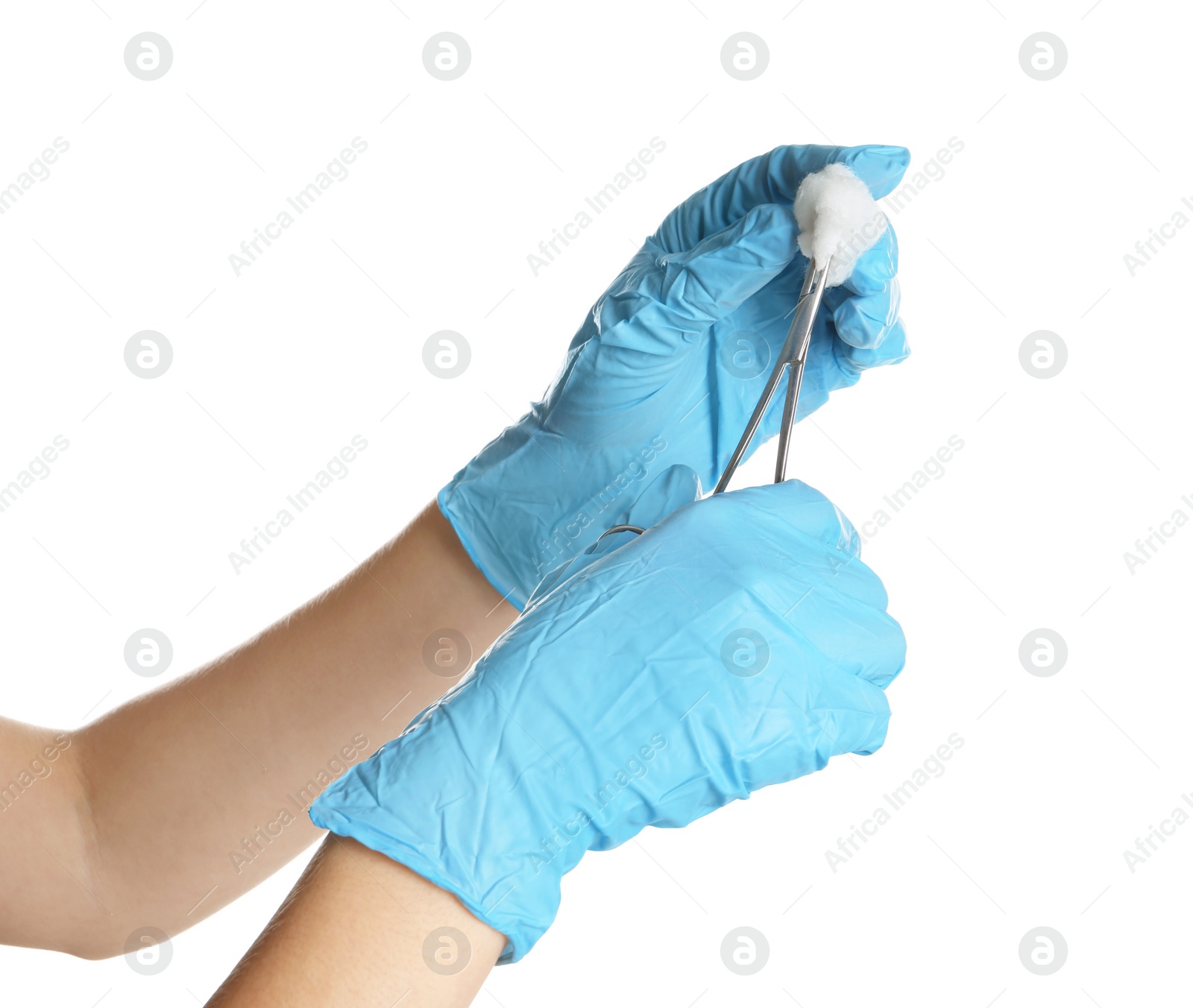 Photo of Doctor in sterile gloves holding medical clamp on white background