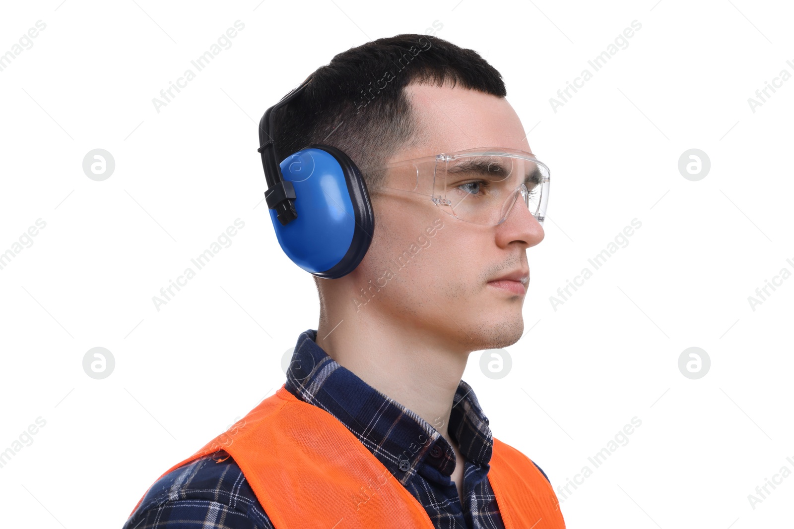 Photo of Young man wearing safety equipment on white background