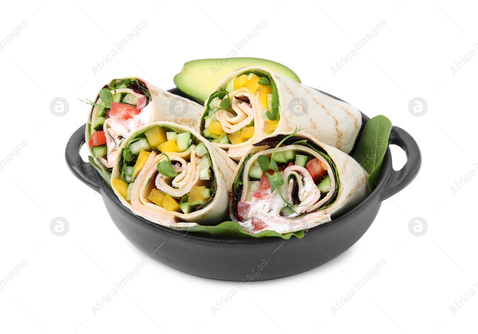 Photo of Delicious sandwich wraps with fresh vegetables isolated on white